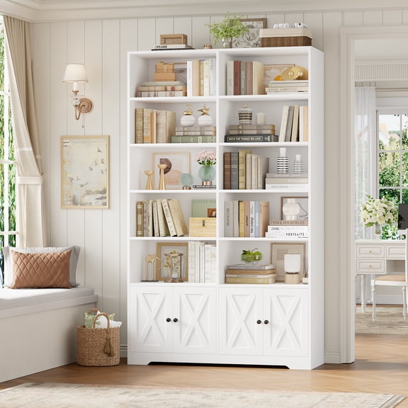Hiphuta 78"H x 47"W Bookcase with Doors, Tall Bookshelves with Storage, 5-Tier Shelves Freestanding Display Bookcase for Home Office and Living Room, White