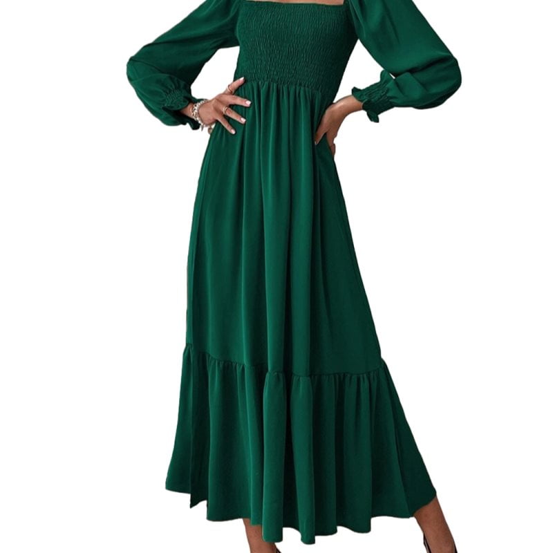 Women's Shirred Long Sleeve Boho Dress A Line Ruffle Swing