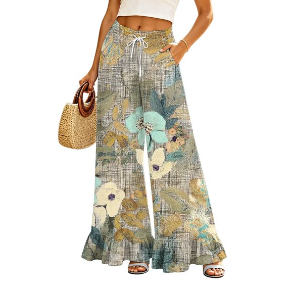 Sewkxo Women’s Plaid Wide Leg Pants Flared Leg Baggy Drawstring Ruffle Palazzo Pants with Pockets,Camel L