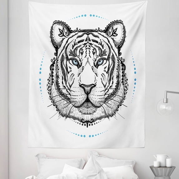 Bohemian Tapestry, Piercing Look of White Tiger Captivating Eyes Hand-drawn Illustration, Fabric Wall Hanging Decor for Bedroom Living Room Dorm, 5 Sizes, White and Dark Grey, by Ambesonne