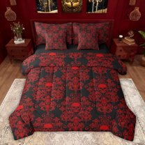 Feelyou Goth Skull Damask Bedding Comforter Set 7 Pieces, Western Mandala Paisley Full Bedding Set, Black Red Boho Flower Reversible Fitted Sheet Flat Sheet, Breathable Home Decor