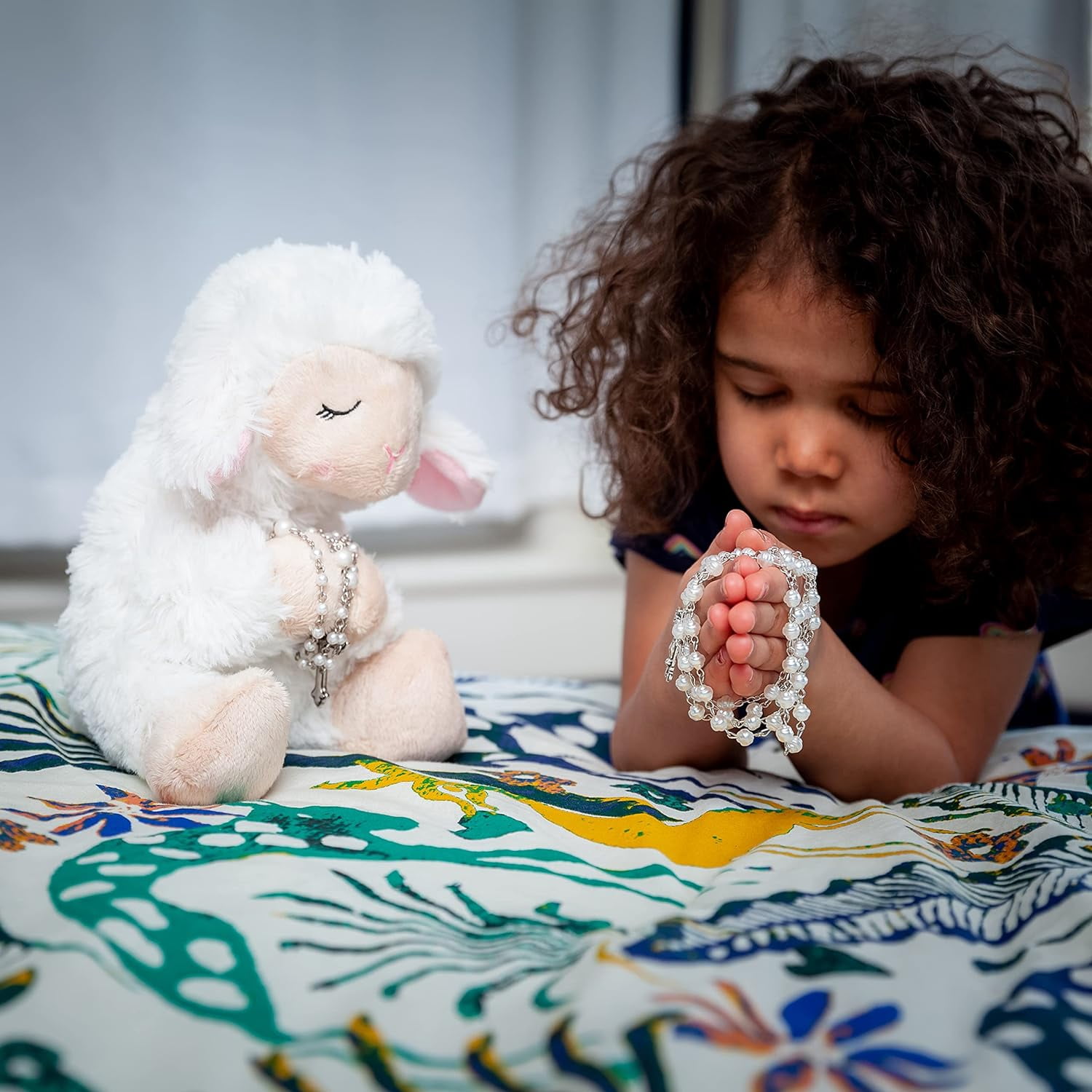 Gan Blessed Plush Lamb 8.5 inches with Rosary Set and Prayer Pamphlet in a box for girls and boys