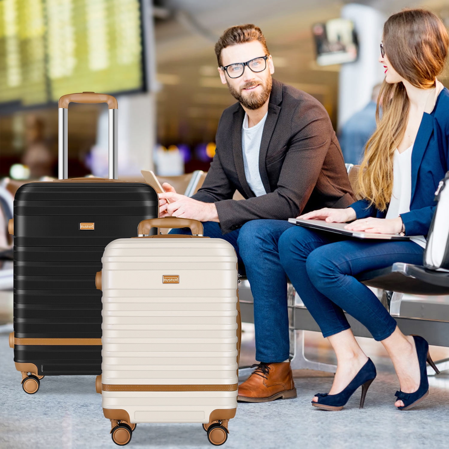 3 Piece Luggage Sets ,ABS Hardshell Lightweight Suitcase with TSA Lock Double Spinner Wheels,Black