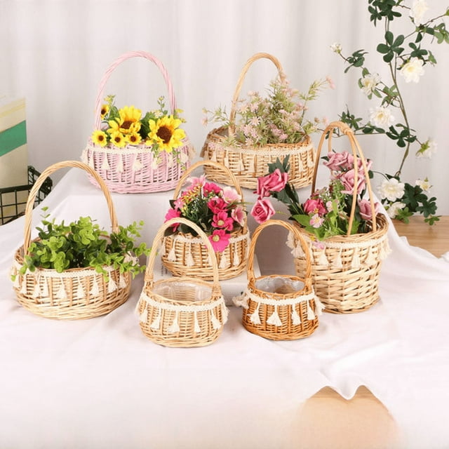 Cesta de encaje de princesa en miniatura, de sauce, ratán, hierba, tejida en maceta, con flores verdes, cesta para fotos para niños, regalo de mano, cesta de flores de mano