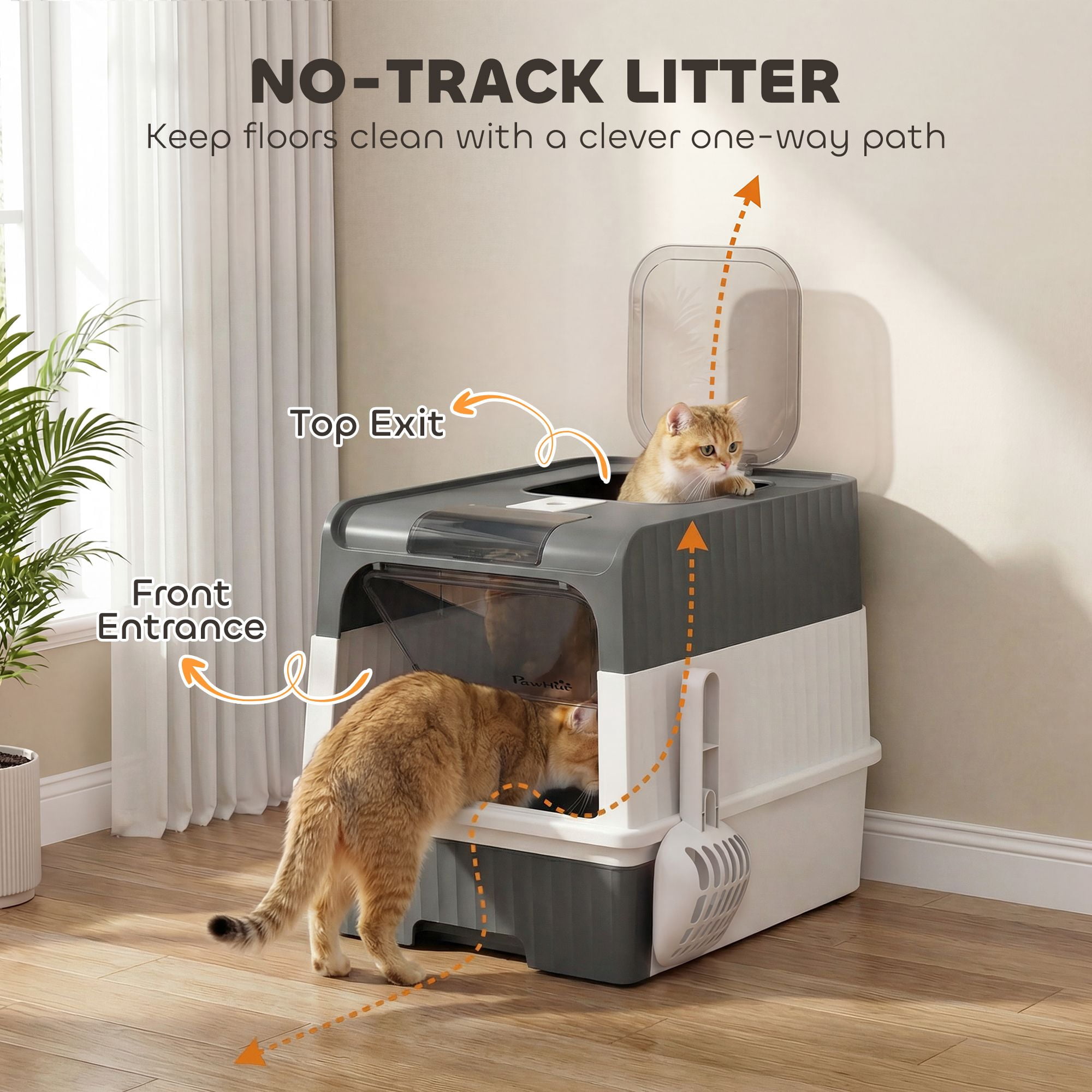 Washure Front Top Entry Hooded Cat Litter Box with Drawer Tray, Gray Easy Cleaning Cat Toilet