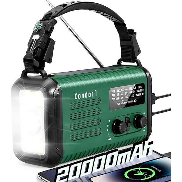 Radio de emergencia con manivela, 20 000 mAh/74 000 mWh, radio meteorológica solar con manivela, función NOAA/AM/FM, radio a batería con cargador de celular, lámpara de lectura, linterna y