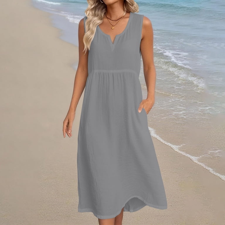 cotton and linen v neck midi dress Cotton and Linen V-Neck Midi Dress, Linen Dresses for Women (Gray,S) at Amazon Women's Clothing store