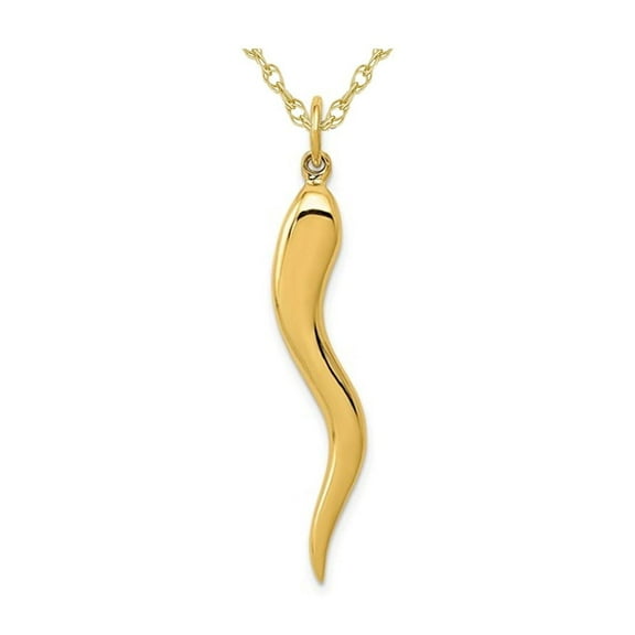 14K Yellow Gold Large Solid Italian Horn Pendant Necklace with Chain for Men