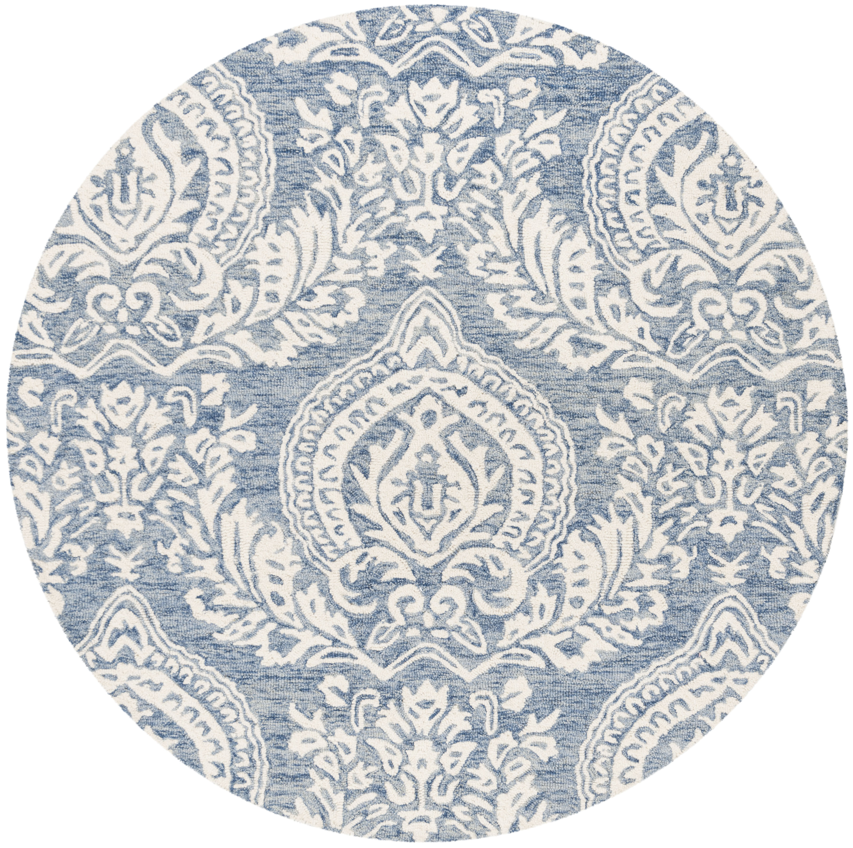 SAFAVIEH Micro-Loop Jaydon Damask Floral Wool Area Rug, Blue/Ivory, 5' x 5' Round