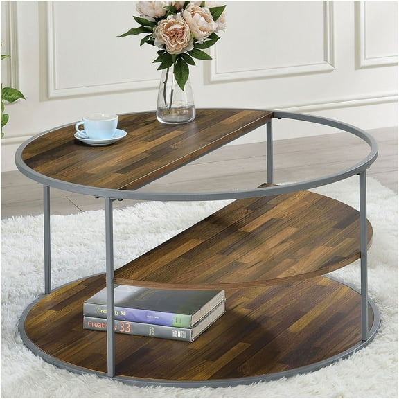 JERFIT Industrial Coffee Table with Half Shelves, 3-Tier Round End Table with Steel Frame for Living Room, Gray and Walnut Finish
