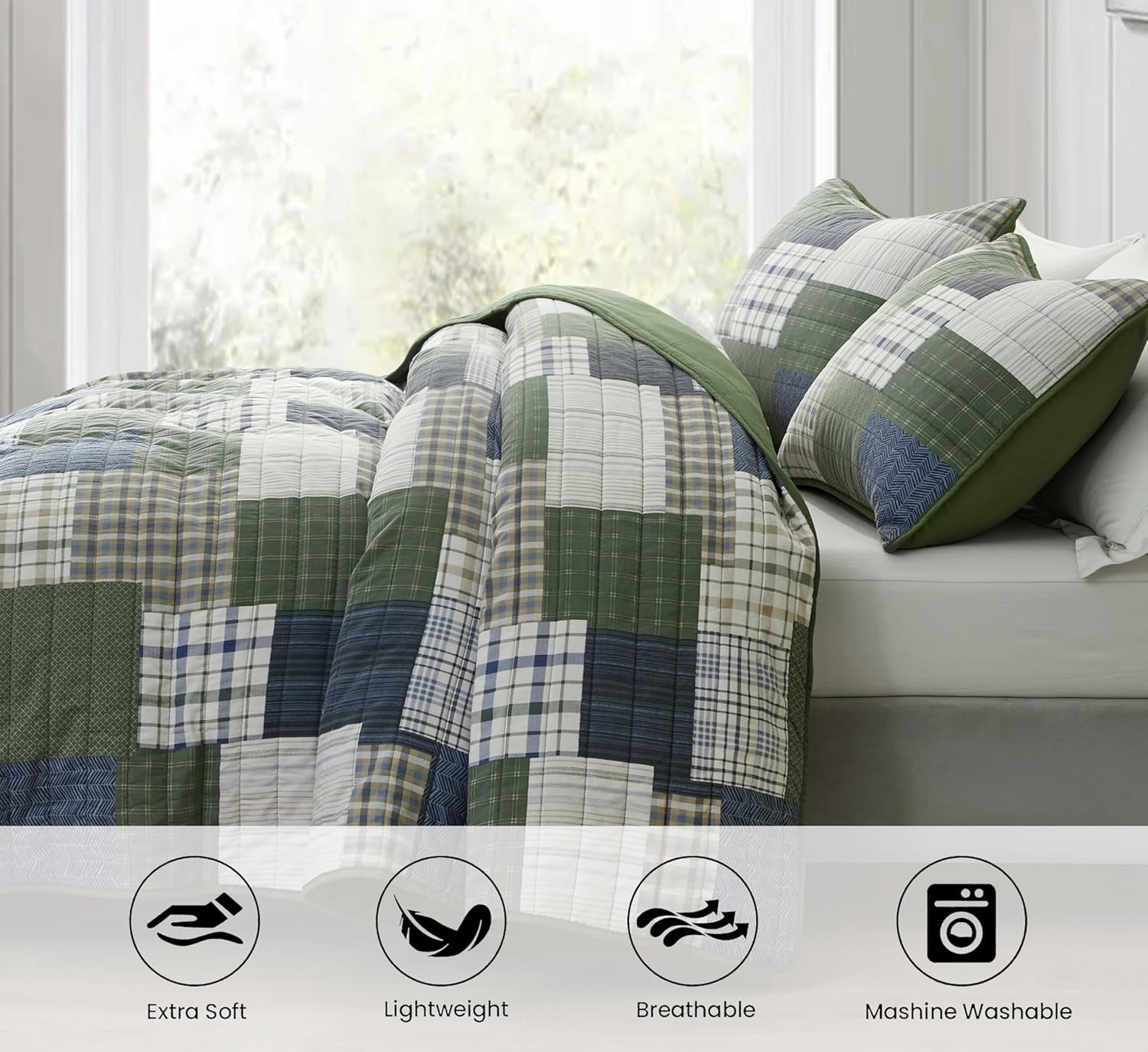 Chezmoi Collection Cedar 3-Piece Printed Patchwork Quilt Set, Green Navy Plaid Coverlet, Pre-Washed Microfiber Lightweight Bedspread for All Seasons, Oversized King Size