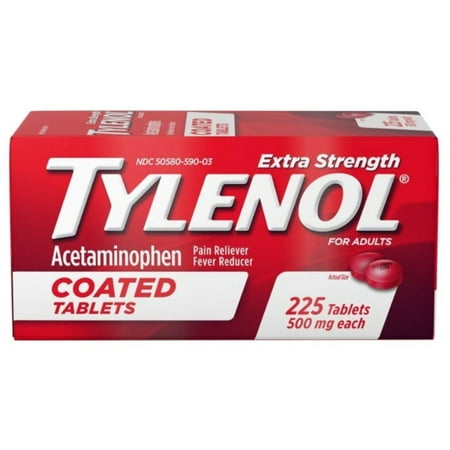 6 Pack - Tylenol Extra Strength Coated Tablets, Acetaminophen Adult Pain Relief & Fever Reducer, 225 ct