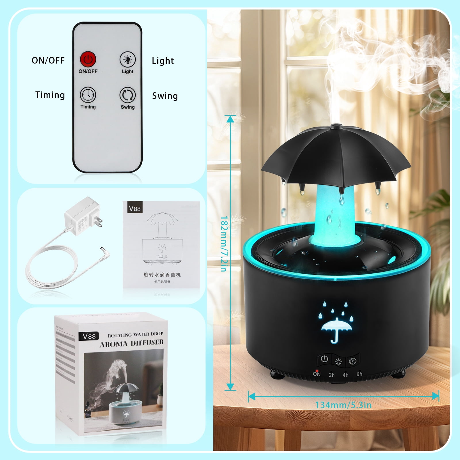 Humidifier for Bedroom, 7-Color Rotating Umbrella Diffuser with Rain Drop Effect, 300ML Small Humidifier Aroma Diffuser with Remote & Timer, Funny Rain Humidifier Gift for Kids Teen Women