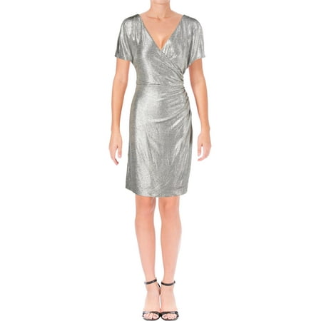 Silver Surplice - Lauren Ralph Lauren Silver Metallic V-Neck Ruched Cold Shoulder Surplice Dress