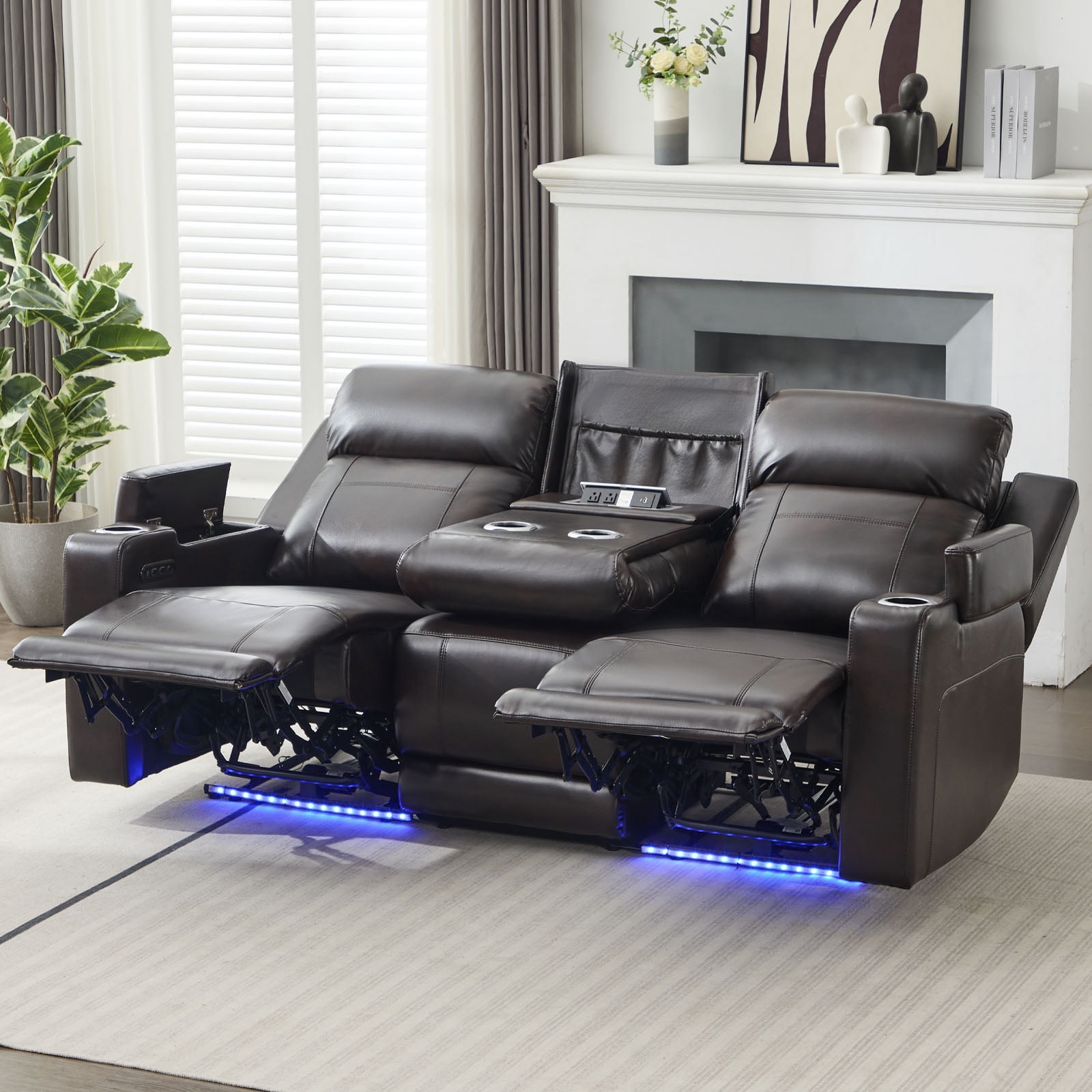 Power Recliner Sofa, Home Theater Seating with Adjustable Headrest, Blue LED Lighting, Reclining Loveseat, Flip-Up Backrest Storage, Multi-Port Charger, Cup Holder, USB