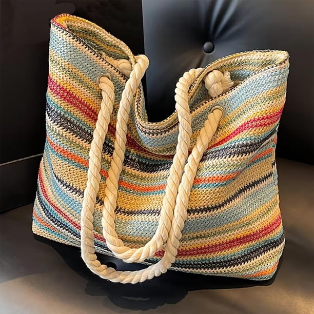 Bolso de hombro tejido para mujer de gran capacidad, bolso casual de tela multicolor para viajes, compras y uso diario