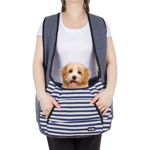Dog and Cat Sling Carrier - Adjustable Pet Front Travel Bag With Bottom Pad for Small Pets 5-15 Lb - Blue Strip