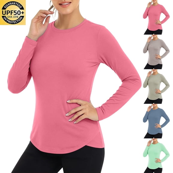 Lovzfmll Women's Athletic Top, Solid Color Long Sleeve Crew Neck Sun Protection, Relaxed Fit Casual Pullover Pink, 2XL