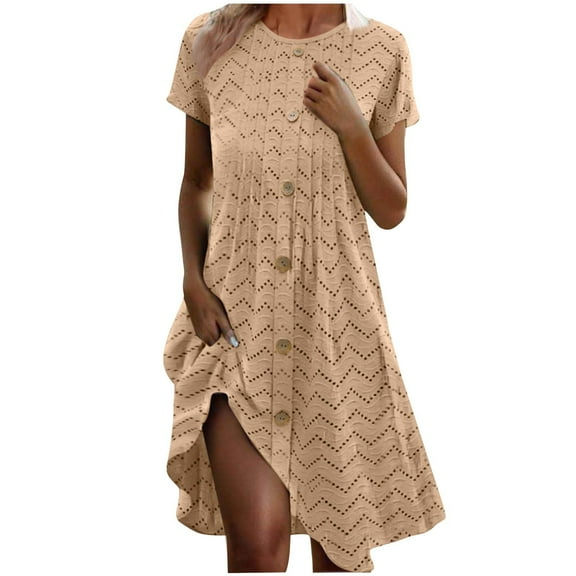 Fnooota Summer Dresses for Women 2025, Summer Holiday Crewneck Short Sleeve Midi Dresses Khaki Size 2XL