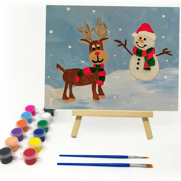 Christmas Art Paint Kits with Canvas Board Drawing Includes 12 Color  Acrylic Paint Set and 2 Paint Brushes - Snowman & Reindeer Design 