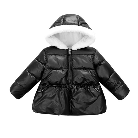 Girls' Outerwear Jackets Winter Toddler Kids Patchwork Padded Warm Hooded Outwear Clothes Girls Jacket Black 2 Years-3 Years