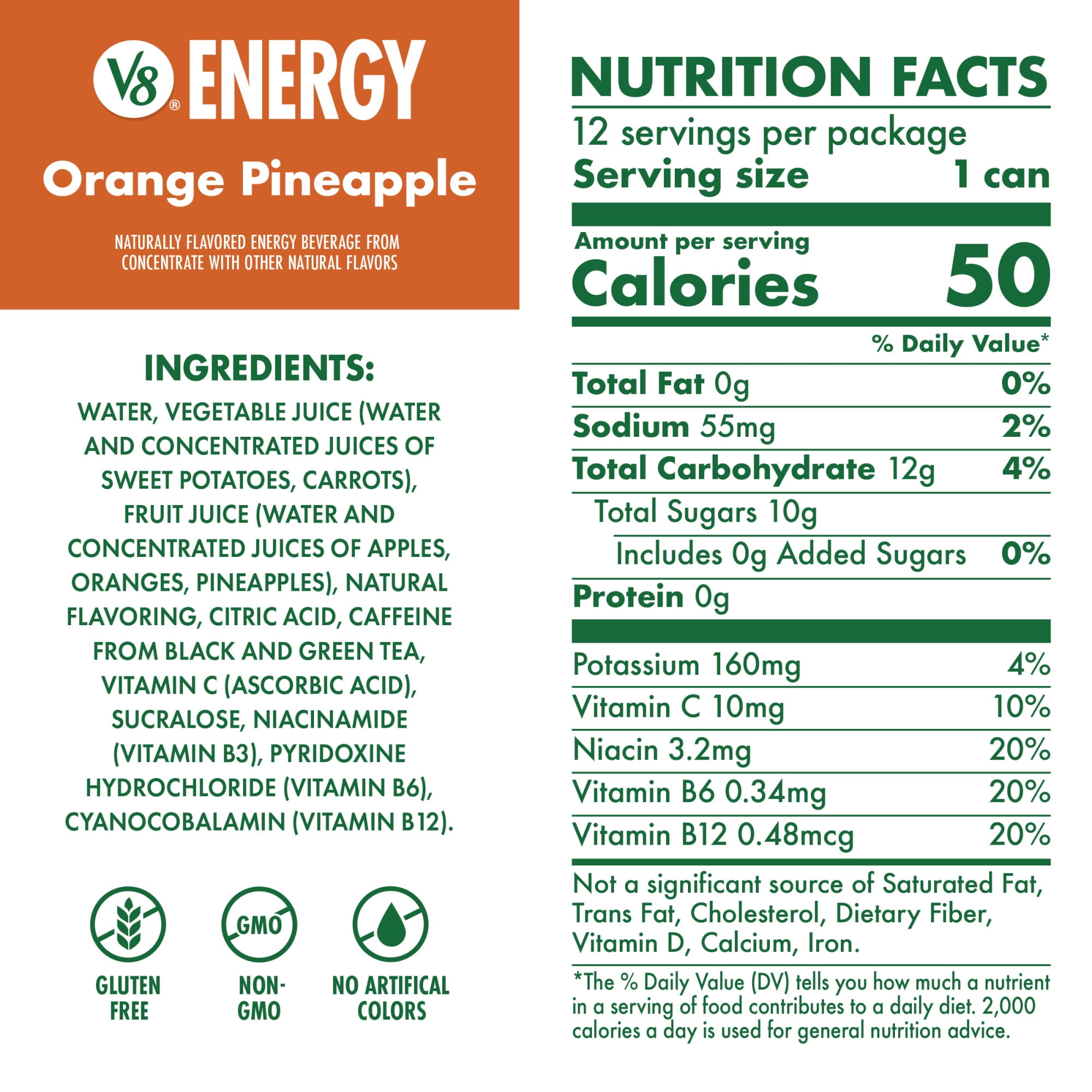 (2 pack) V8 Energy Orange Pineapple Energy Drink, 8 fl oz Can (24 Pack)