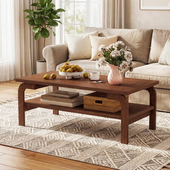 DRAZUNO Rectangular Coffee Table, 2-Tier Center Table w/Lower Shelf for Bedroom, Office