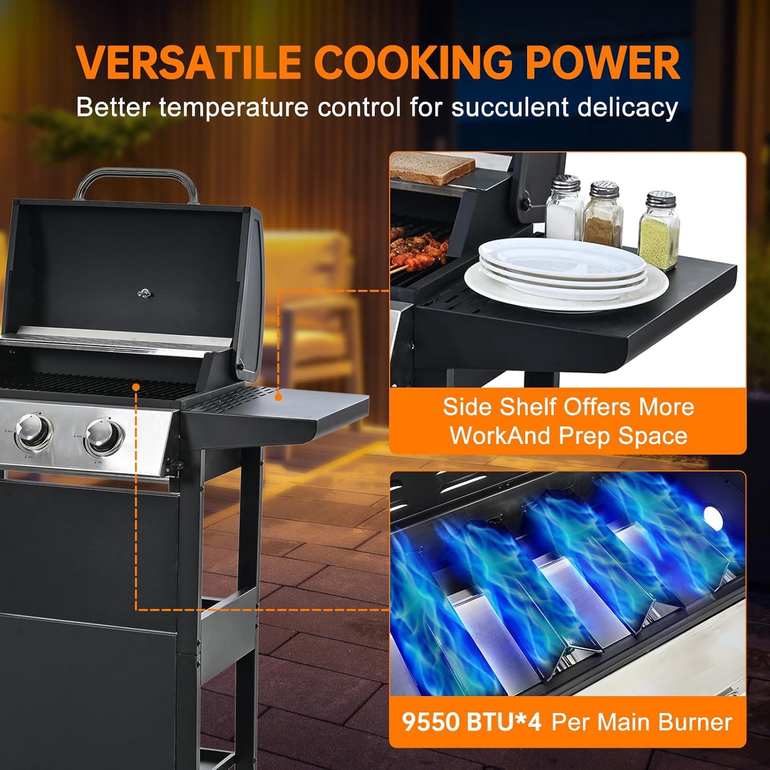 4 Burner Grill Propane Gas Grill, Outdoor Stainless Steel 37230 BTU Patio Garden BBQ Grill with Lid, Wheels for RV Camping Barbecue