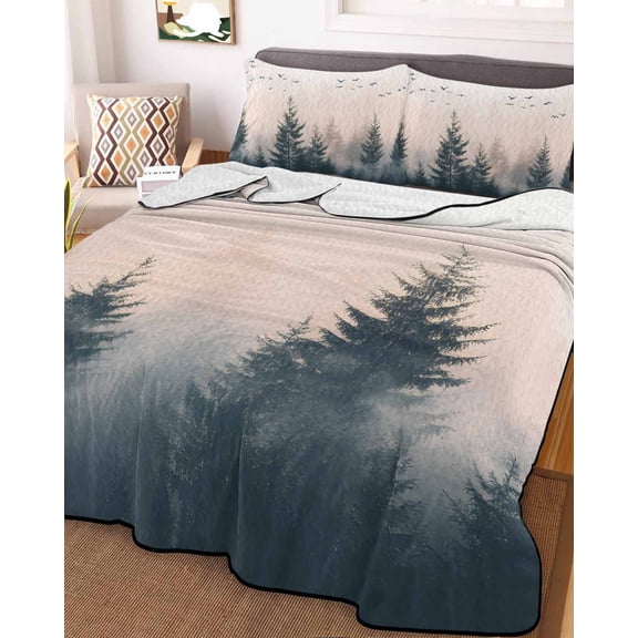 Rustic Foggy Forest King Size Down Alternative Comforter, Lightweight Comforter Quilt Bedding Set with Pillow Shams Watercolor Trees Birds Landscape All Seasons Bed Comforter Duvet Insert 96"x106"
