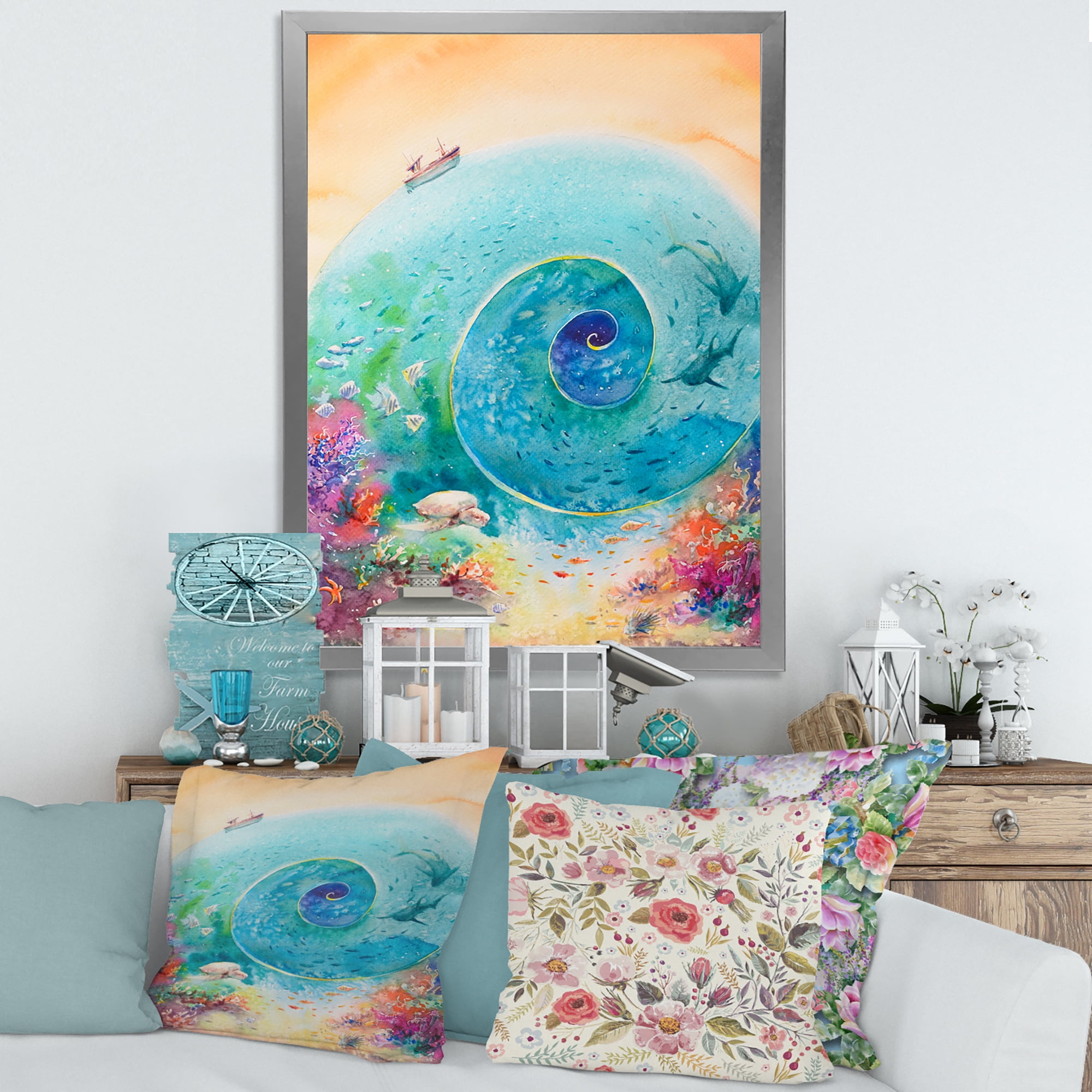Designart 'Coral Reef Fishes With Turquoise Ocean Spiral' Nautical & Coastal Framed Art Print