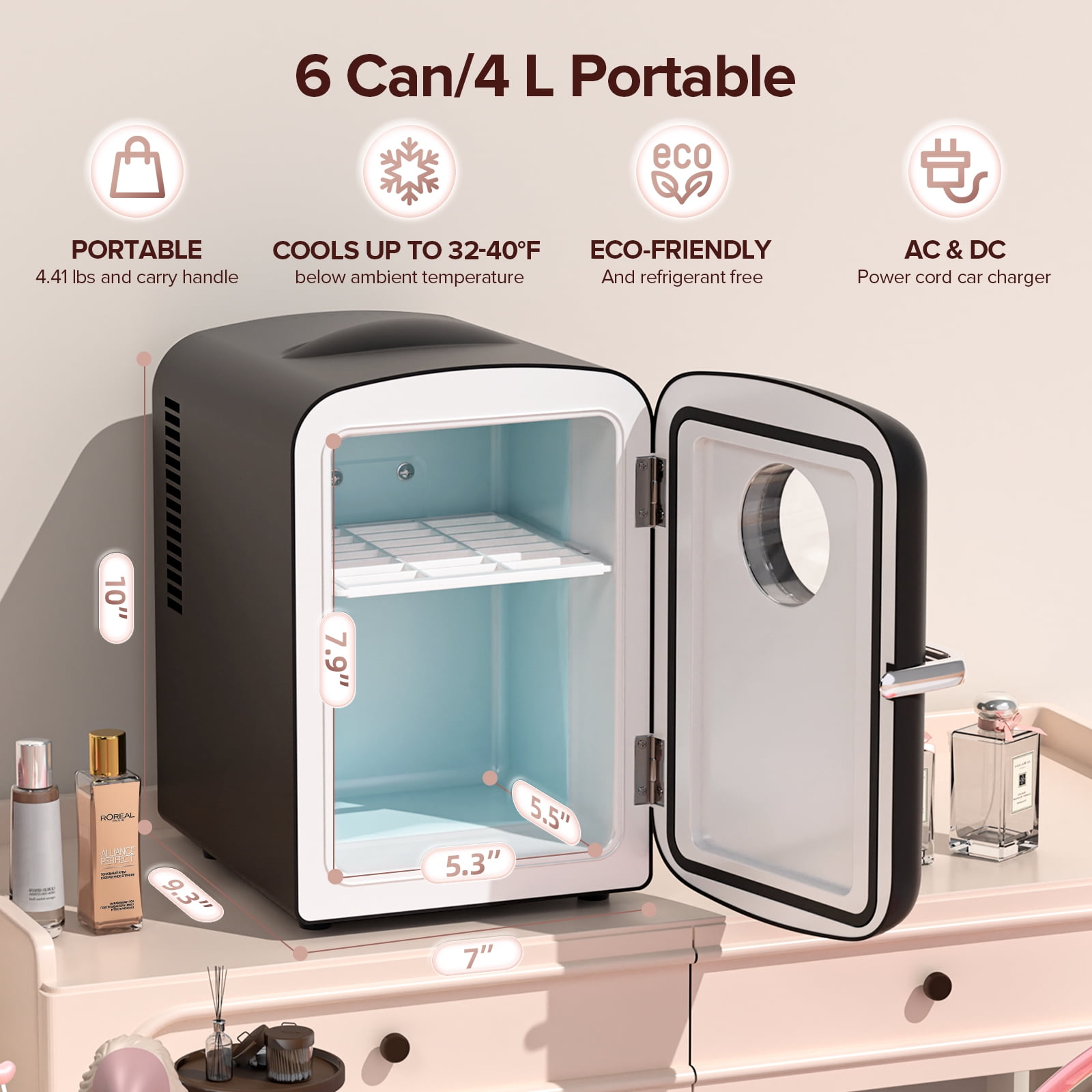 Auseo Mini Fridge, Portable Fridge Personal, 4 Liter/6 Cans Countertop, 120V AC/ 12V DC, Cooler and Warmer for Drink Office Dorm Bedroom Car, Black
