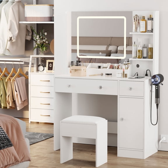 Satifur White Vanity Desk Set with Mirror and Lights, Makeup Table with Charging Station, Comfortable Bench, Big Vanity with 3 Storage Compartments, 39.4in