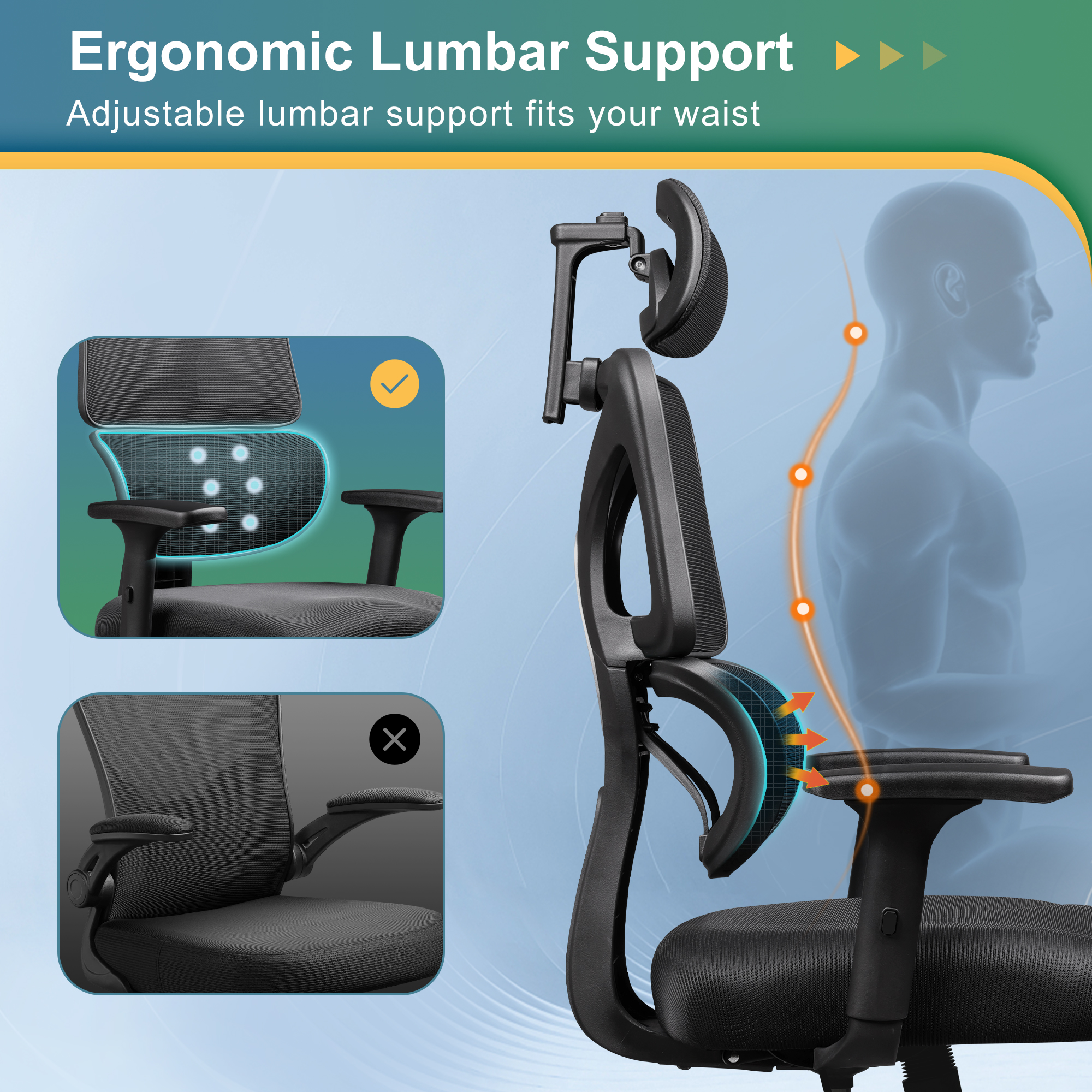 GALAXHERO Ergonomic Big and Tall Office Chair, Adjustable Mesh Desk Chair with Lumbar Support and Armrests, Reclining for Long Hours, Black
