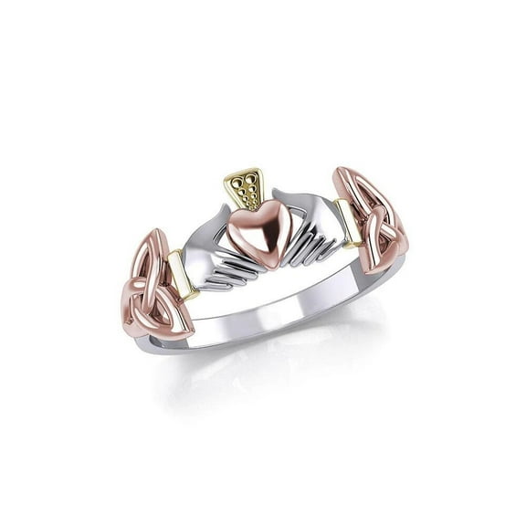 Irish Claddagh Ring 925 Sterling Silver Three Tone Gold Accent Celtic Triquetra