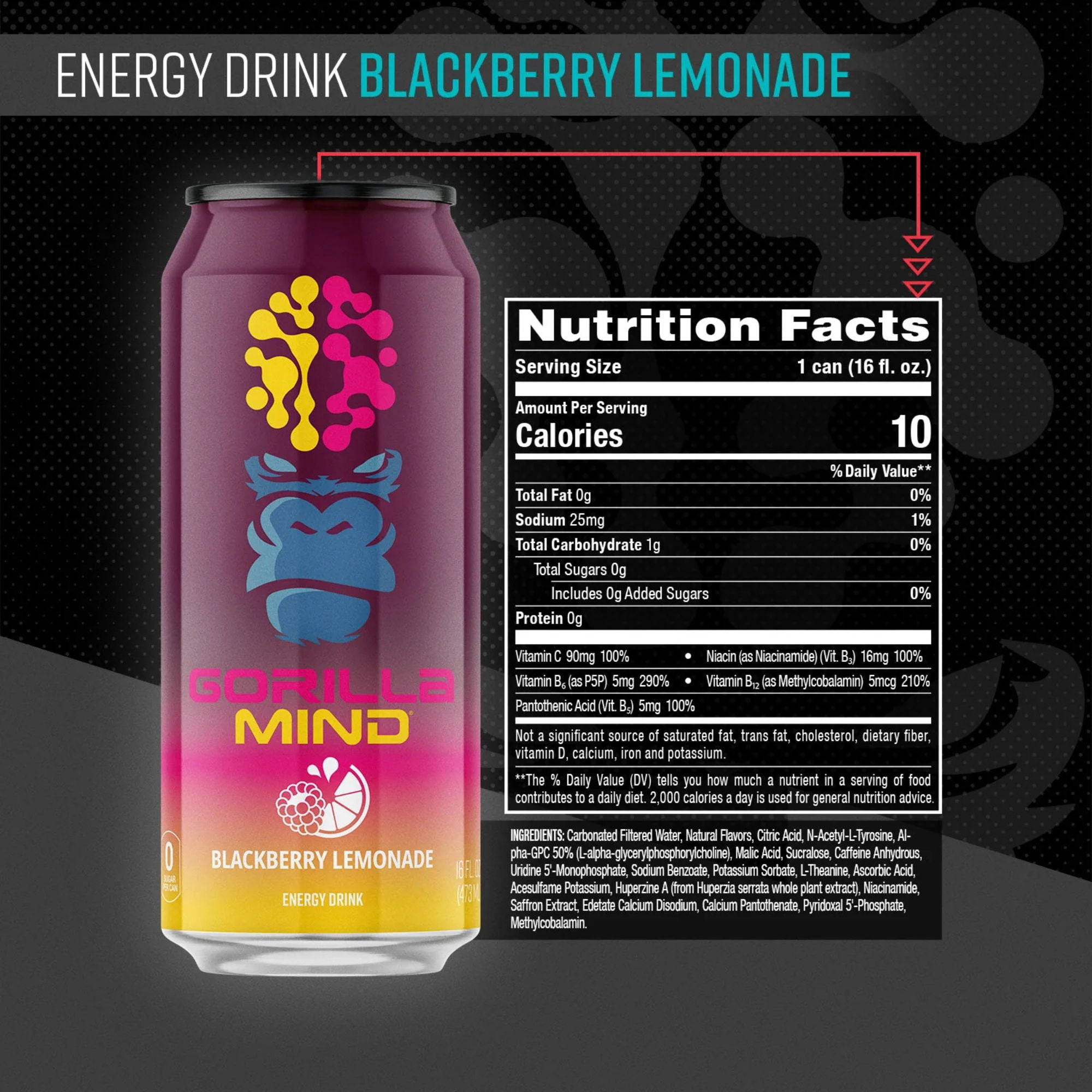 Gorilla Mind Energy Drink 4‑Flavor Sampler Pack, 16oz Cans (4 Count)