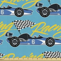 Race Car Fabric by the Yard, Racing Cursive Calligraphy with Flags in Checkered Design and Sports Car, Upholstery Fabric for Dining Chairs Home Decor Accents, 5 Yards, Blue and Multicolor by Ambesonne