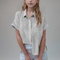 thumbnail image 3 of SEAOPEN Girls Cotton Linen Shirts Short Sleeve Button Down Shirts Children Summer Bohemian Rolled Sleeve Linen Tops Gray,12-14, 3 of 8