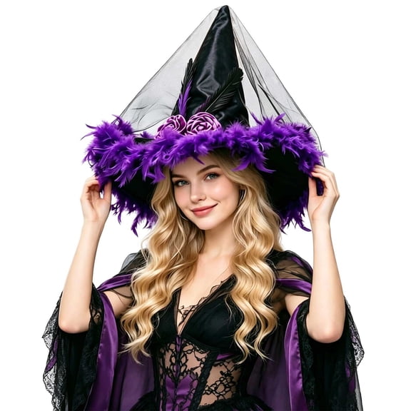 BRICH Halloween Witch Hat with Feathers Wizard Hat Pointed Cap Accessories for Adult Dark Purple One Size