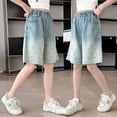thumbnail image 5 of Girls Embroidered Denim Bermuda Shorts, Kids Elastic Waist Loose Fit Summer Casual Five Pocket Jean Shorts(Green,9-10 Years), 5 of 9