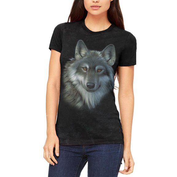 Timber Wolf Face Juniors Soft T Shirt Charcoal Black Triblend X-LG