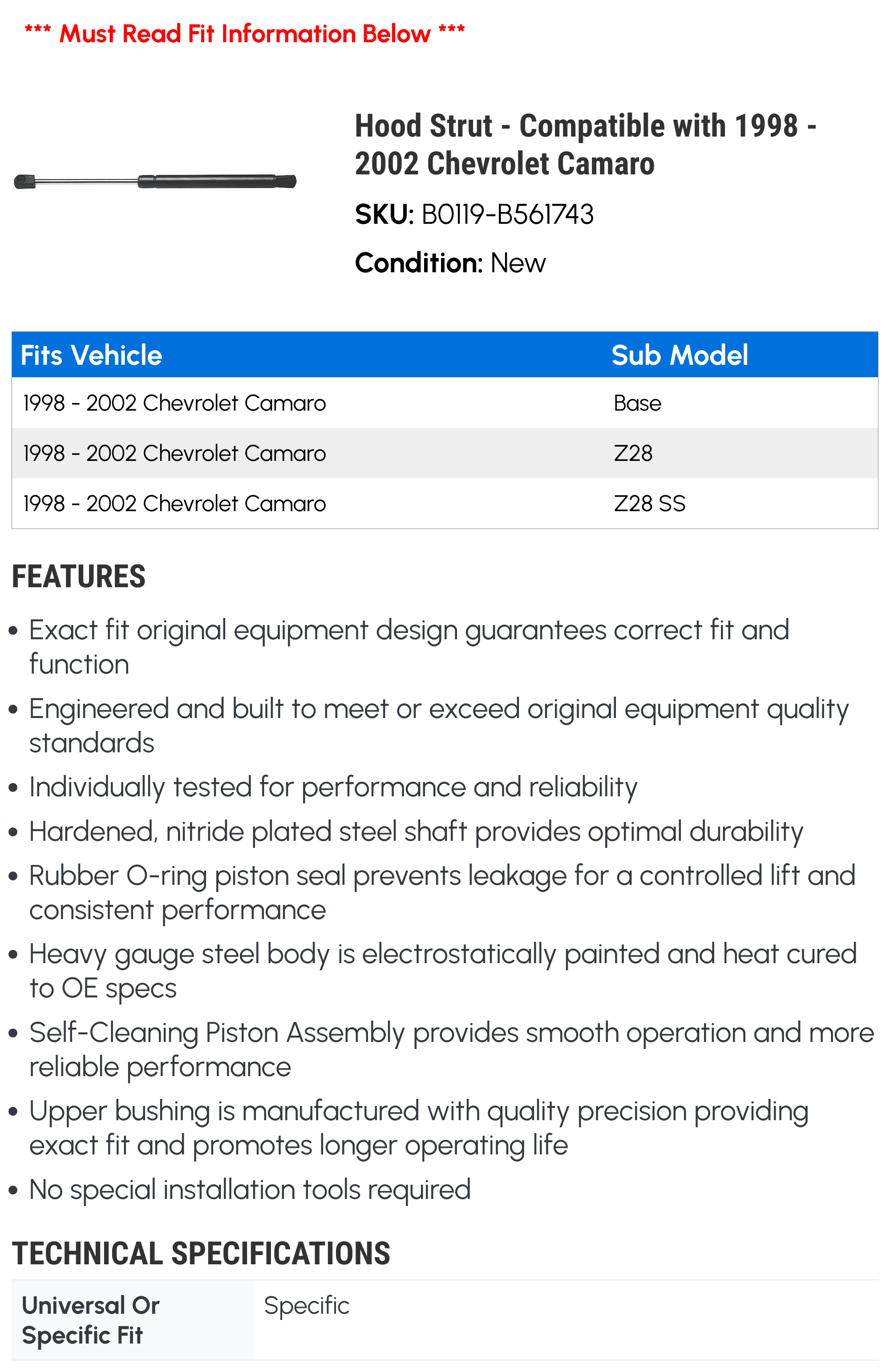 Hood Strut - Compatible with 1998 - 2002 Chevrolet Camaro - Strong Arm