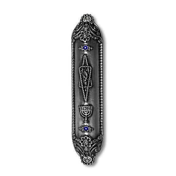 Metal Gray Silver-Tone Star of David Menorah Blue CZ Mezuzah Case, 6" - Made in Israel