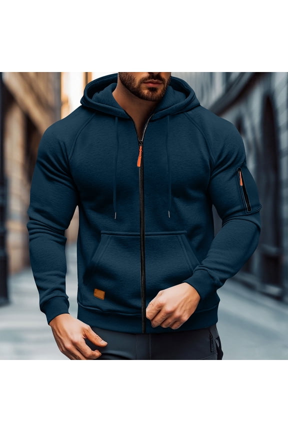 Men's Full-Zip Athletic Hoodie - 100% Polyester Breathable, Arm & Kangaroo Pockets, Size XS, Navy Color