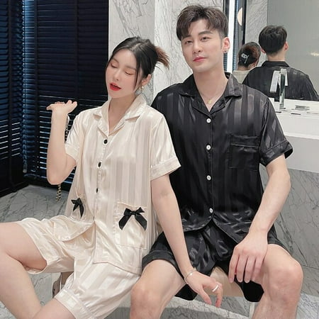 

PIKADINGNIS Women Pajamas Summer Short Sleeve Satin Pajamas Sets Couple Sleepwear Family Pijama Lover Night Men & Women Casual Men Pyjamas