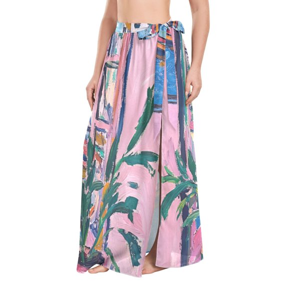 FORMRS Womens Long Sarong Beach Wrap Semi-Sheer Bikini Skirt Bathing Swimsuit Cover Up, Blue Plants Window