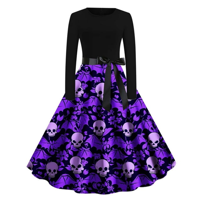 Robe Évasée Grande Taille pour Femme, Robes Renaissance Gothiques, Steampunk, Robe Cocktail à Manches Longues Évasée, Costume de Fête Vintage Imprimé Squelette Citrouille Cosplay