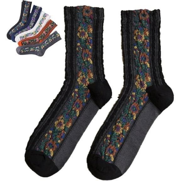 Saturatione Socks-Vintage Embroidered Floral Socks, Women’s Retro Cotton Soft Breathable Dress Sock Fall Winter
