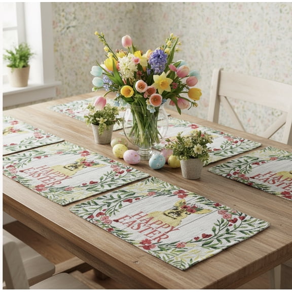Serafina Home Placemats Happy Easter Bunny Yellow Polyester Rectangular Set of 6 13" x 19"