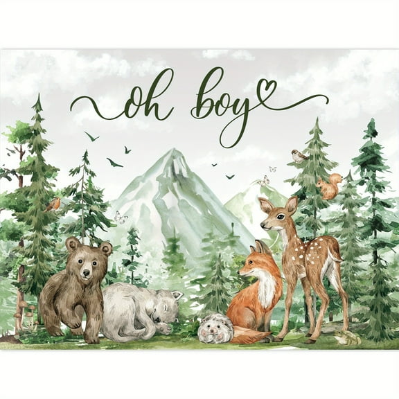 1pc-100d Polyester-Woodland Background Adventure Waiting Mountain Wilderness Animal Bear Birthday Party Decoration Photography Background Banner