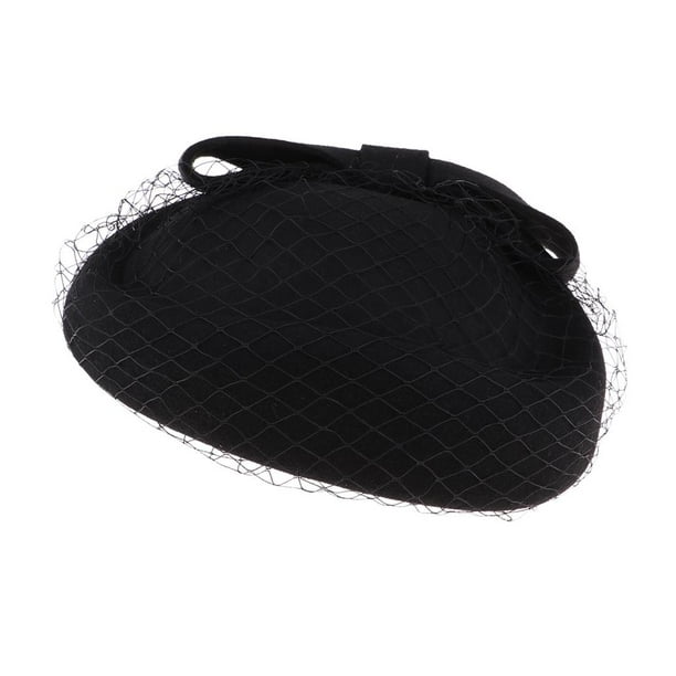 Sombrero de novia con velo y pastillero, tocado de lana para damas, años 20 Negro